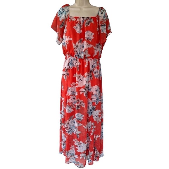 Sawyer‎ Orange Tropical Floral Romantic Flutter Sleeve  Boho Maxi Dress Large - Picture 1 of 6